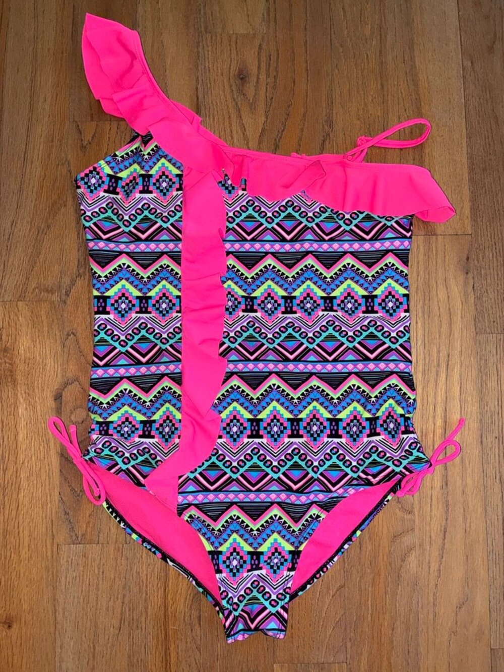 Justice Girls One Shoulder Neon Geometric Ruffle Swimsuit 18 Plus